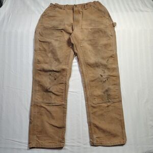 Carhartt B01-BRN Mens 34x32 Brown Duck Canvas Double Knee Work Pants Made in USA
